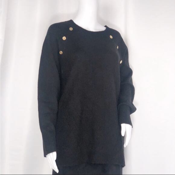 Calvin Klein Black Scoop Neck Gold Buttons Sweater SzL Long Sleeves & Loose Fit - Picture 2 of 13